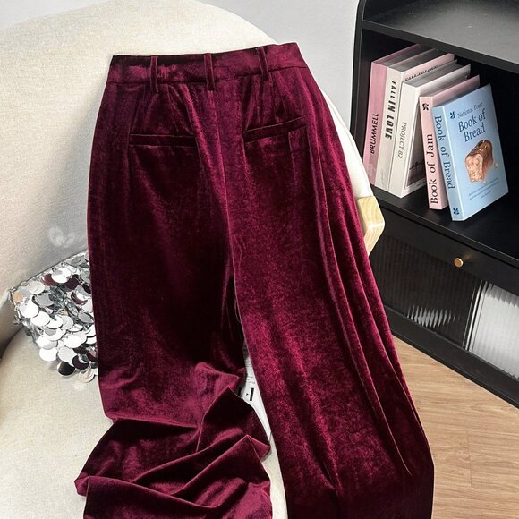 Burgundy Casual Women's Elegant Velvet Pants - Picture 2 of 5